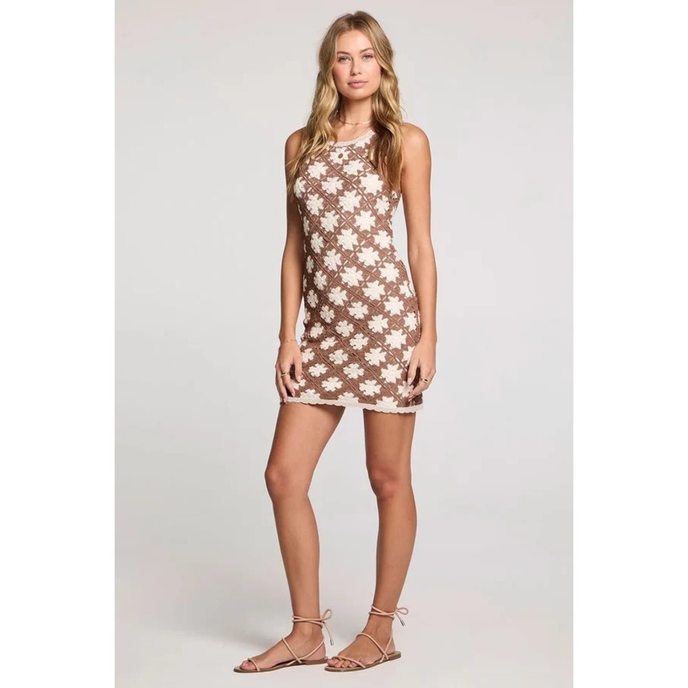Saltwater Luxe Mocha Crochet Floral Mini Dress Sleeveless Size L NWT